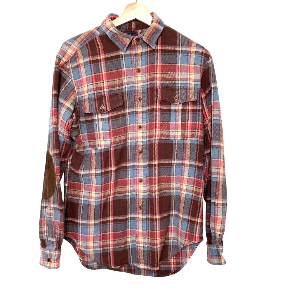 Polo Ralph Lauren Men’s S Flannel Plaid Work Shirt Elbow Patch Rare Button Down